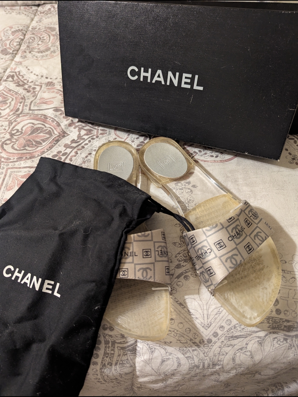 Modern Vintage "04" Rare Chanel Clear Logo Slide Sandals in Beige/Clear